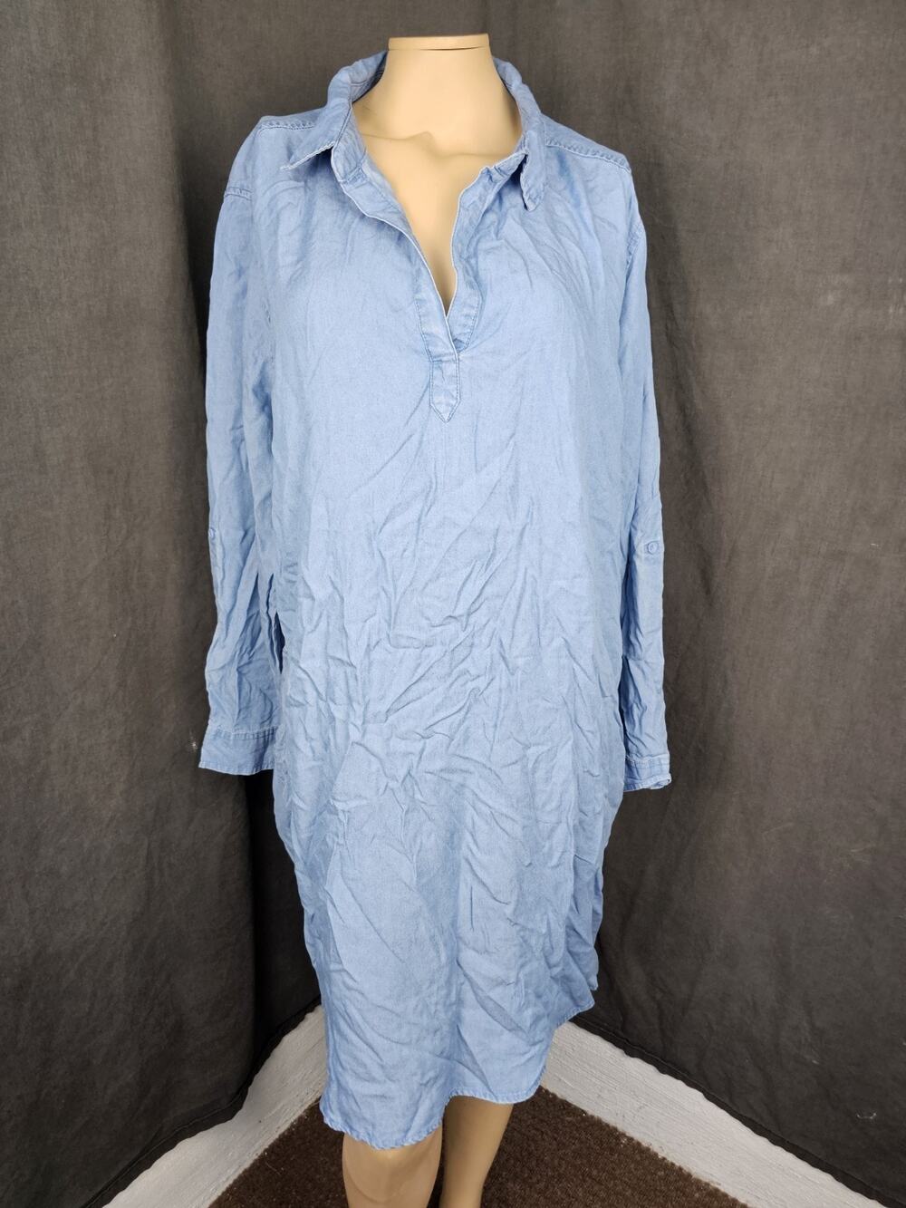 Como Vintage Shirt Dress XXL NWOT Lyocell Tunic Denim Look Roll Tab Pocket Boho